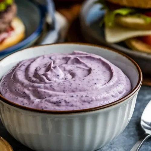 Bowl of blue jam garlic aioli surrounded by garlic cloves, with burgers in the background on a rustic table.