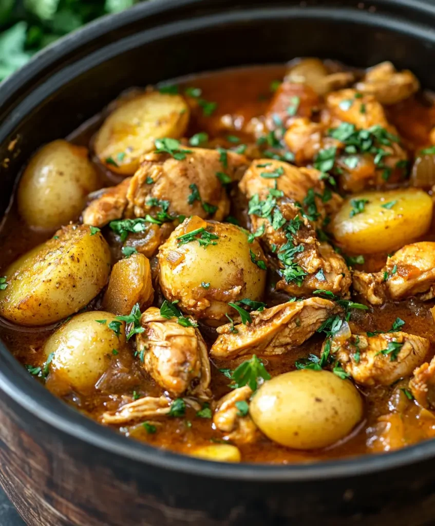 Slow cooked chicken and baby potatoes in a rich seasoned sauce, garnished with fresh parsley in a crockpot.