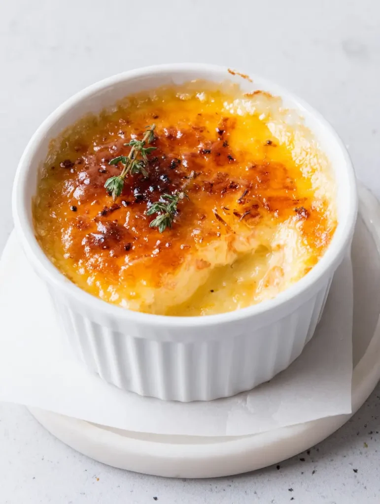 A ramekin of savory crab brûlée with a golden caramelized top, garnished with a sprig of thyme.