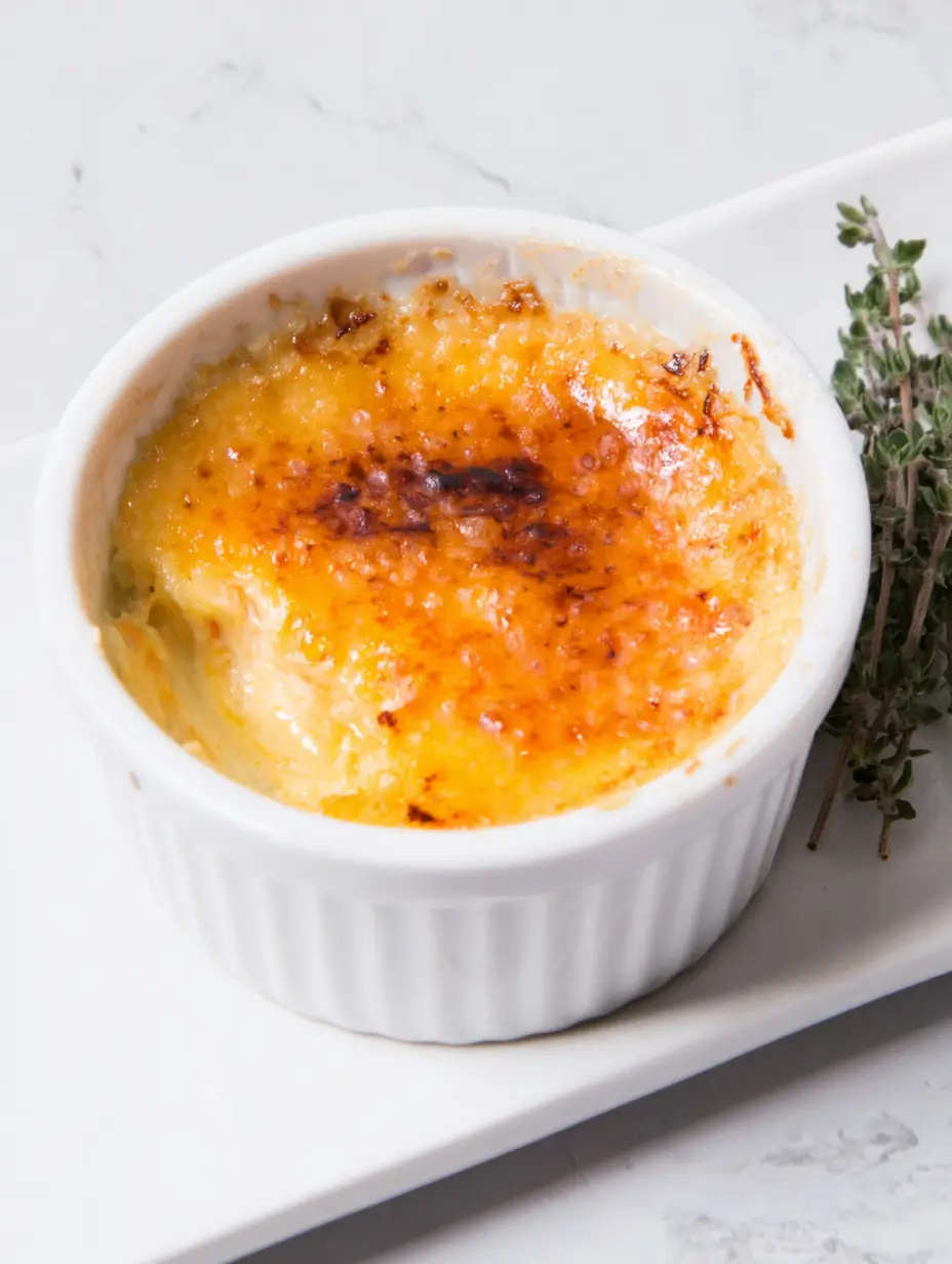 A white ramekin of crab brûlée with a caramelized golden top, served on a white rectangular plate with a sprig of thyme.