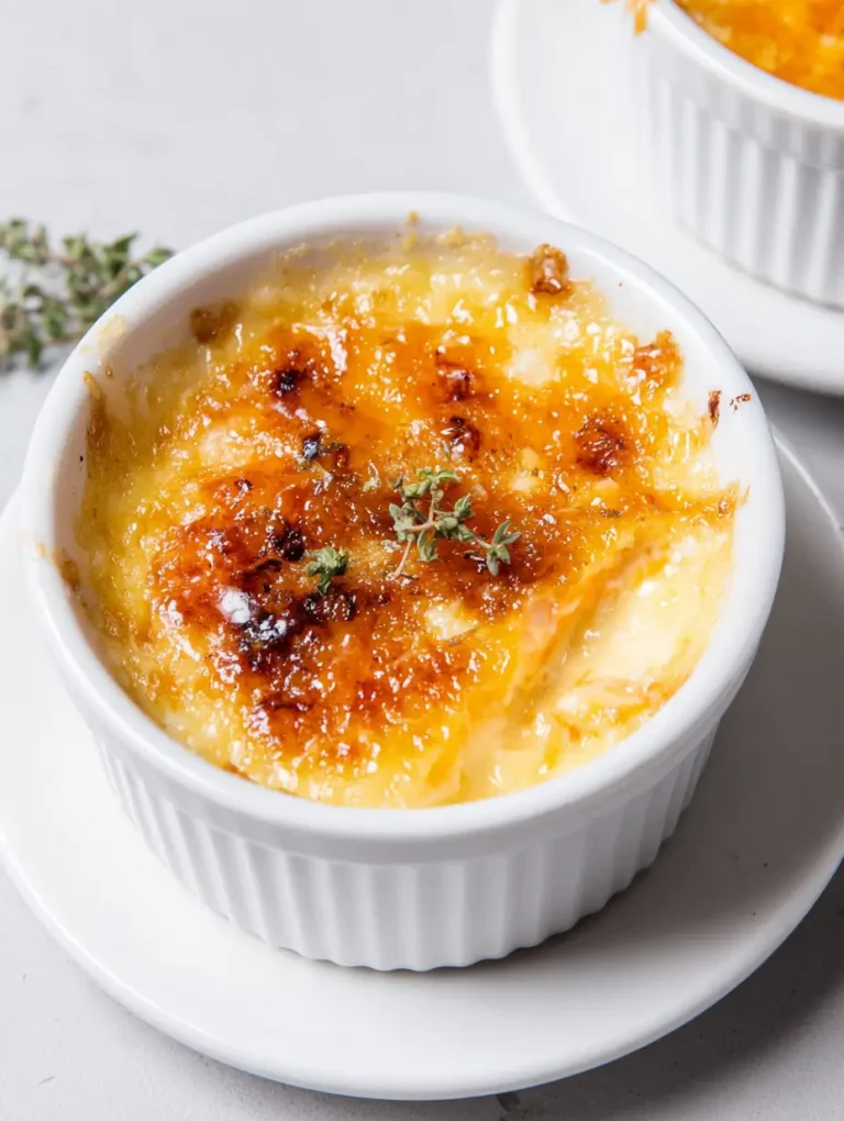 Close-up of a savory crab brûlée served in a white ramekin with a golden, caramelized top, garnished with fresh herbs.