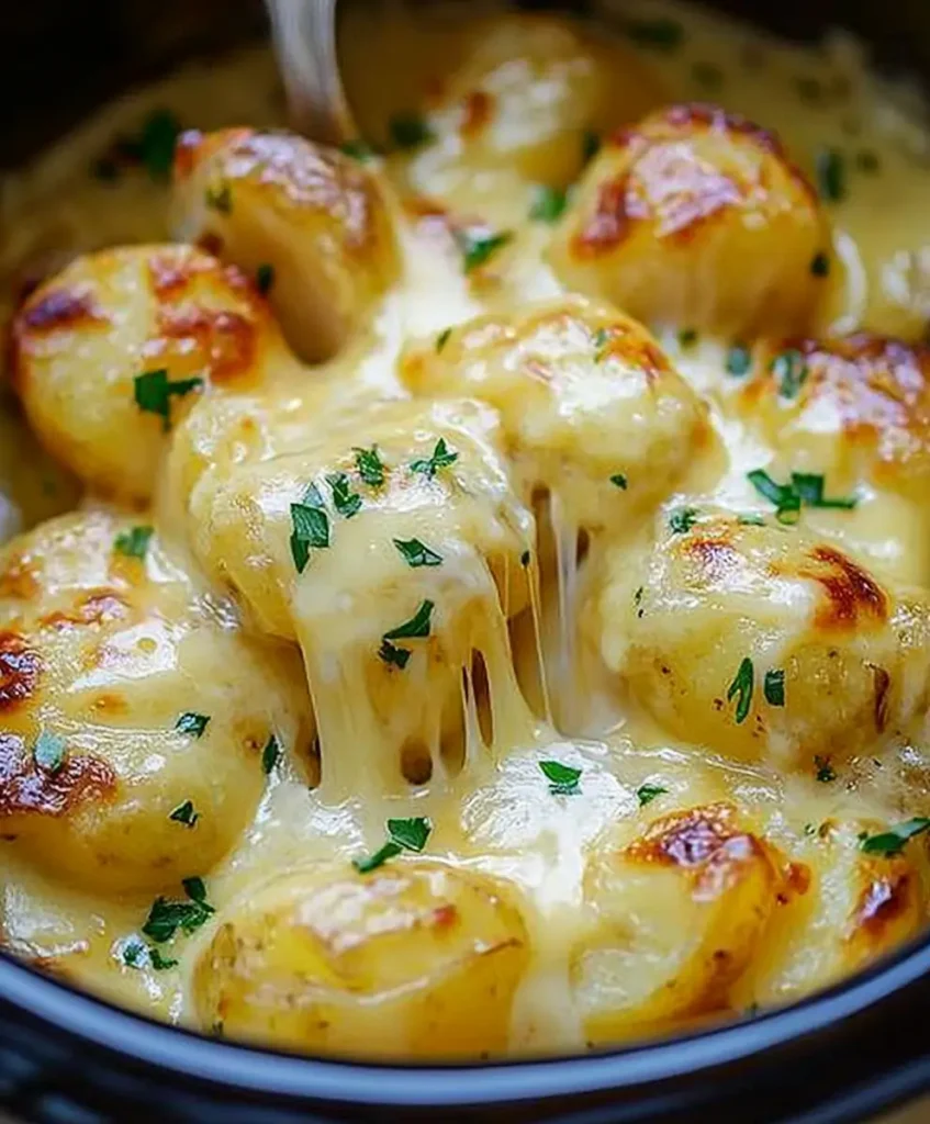 Cheesy crockpot potatoes with golden melted cheese and fresh parsley garnish, served hot from the slow cooker.