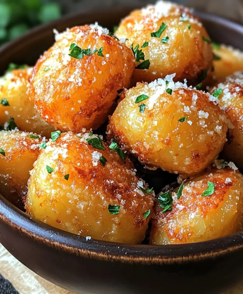 Crispy crockpot garlic parmesan potatoes topped with fresh parsley and grated parmesan cheese.