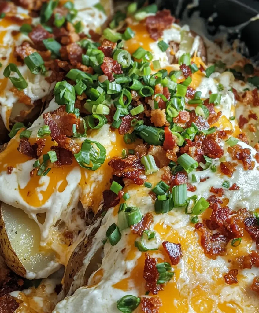 Crockpot loaded baked potatoes topped with melted cheese, crispy bacon, sour cream, and chopped green onions.