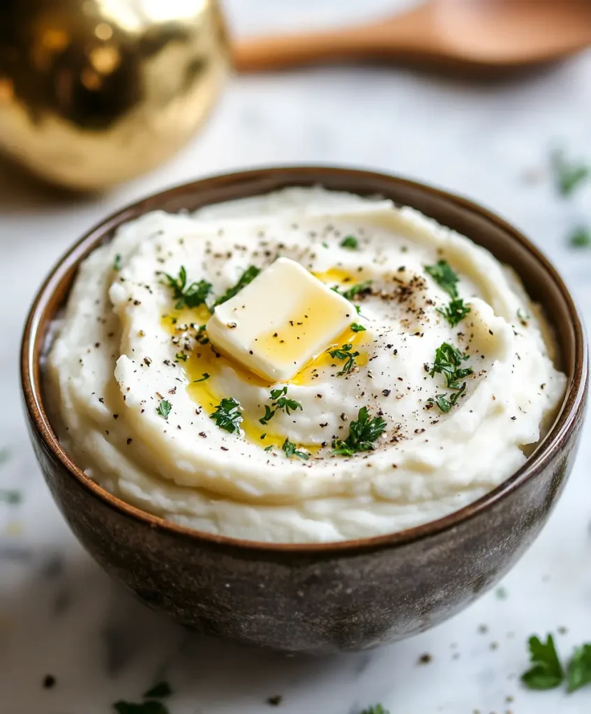 Creamy crockpot mashed potatoes served in a rustic bowl, topped with melted butter, cracked black pepper, and fresh parsley.