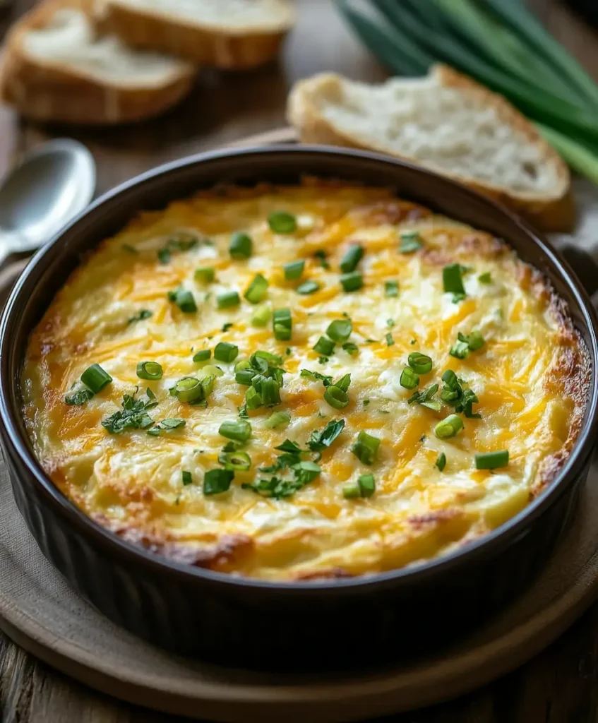 Creamy crockpot potato soup in a dark bowl, topped with shredded cheese, chopped green onions, and fresh parsley, served with slices of bread.
