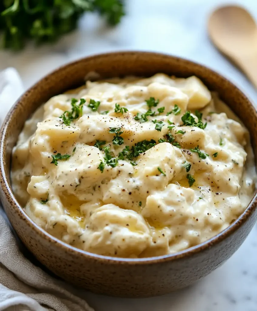 Creamy crockpot ranch potatoes topped with melted butter, herbs, and freshly ground black pepper.