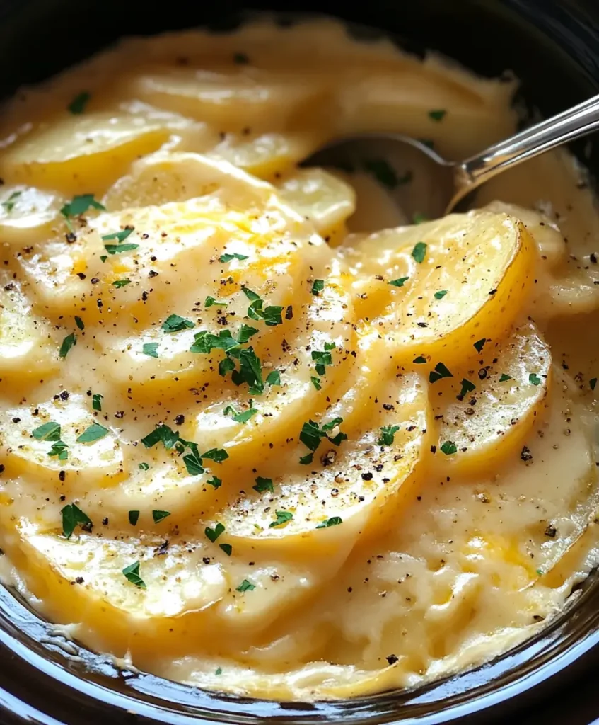 Cheesy crockpot scalloped potatoes layered in a creamy sauce, topped with black pepper and parsley.