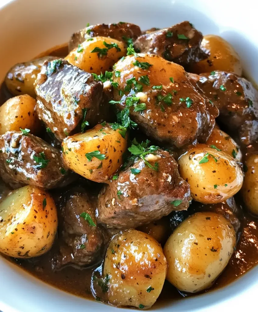 Slow cooked steak and baby potatoes in a rich, savory gravy, garnished with fresh chopped parsley and served in a white bowl.