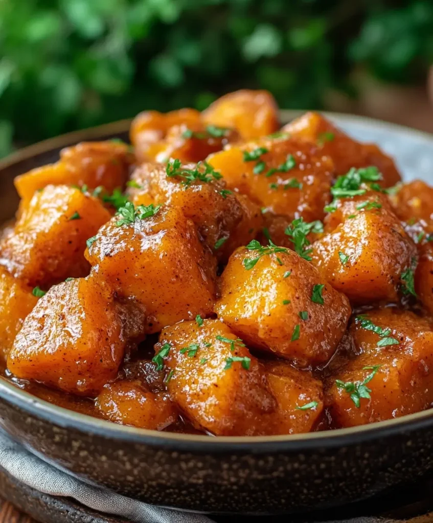 Slow cooked crockpot sweet potatoes coated in honey, butter, and cinnamon, garnished with fresh parsley.