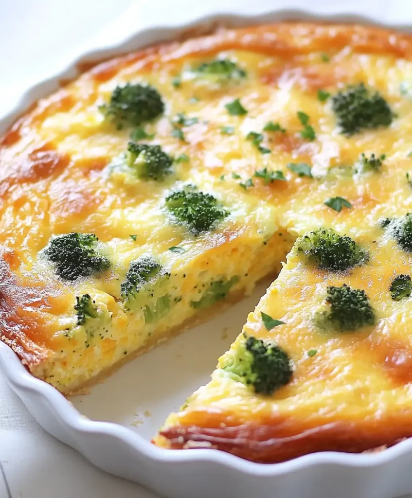Crustless broccoli cheddar quiche baked to golden perfection in a white ceramic dish with a slice cut out.