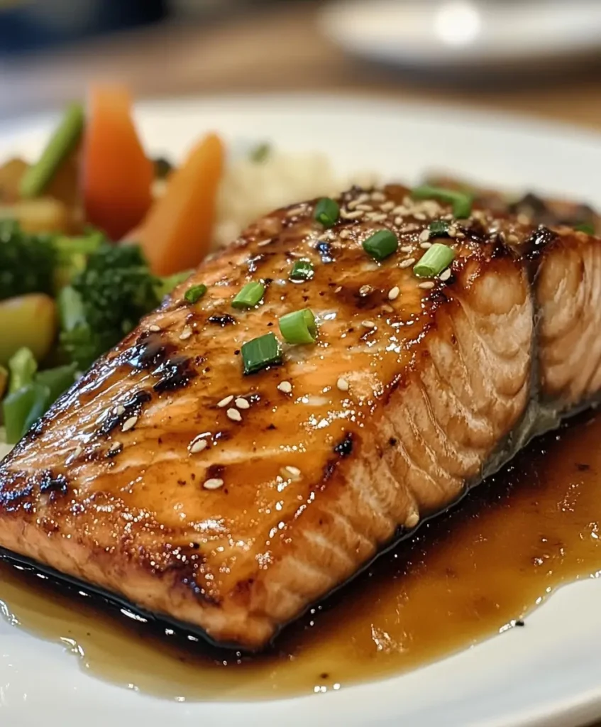 Glazed honey teriyaki salmon fillet garnished with sesame seeds and green onions, served with steamed vegetables and rice.