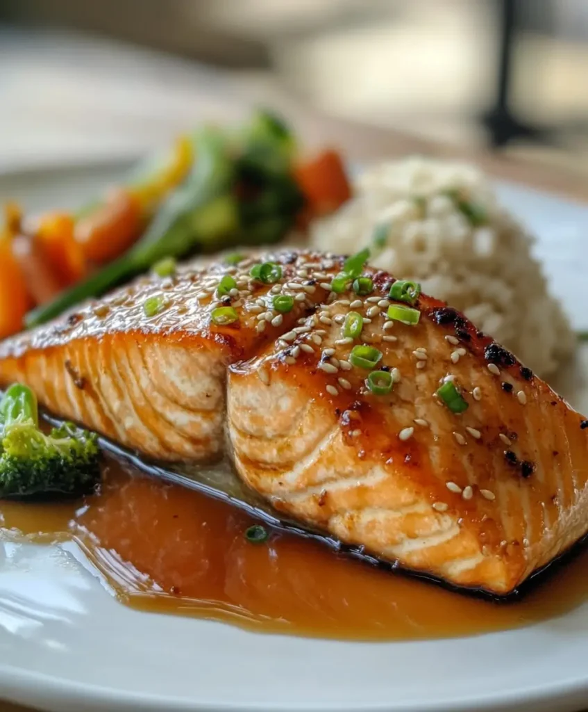 Honey teriyaki salmon fillet topped with sesame seeds and chopped green onions, served with white rice and steamed vegetables.