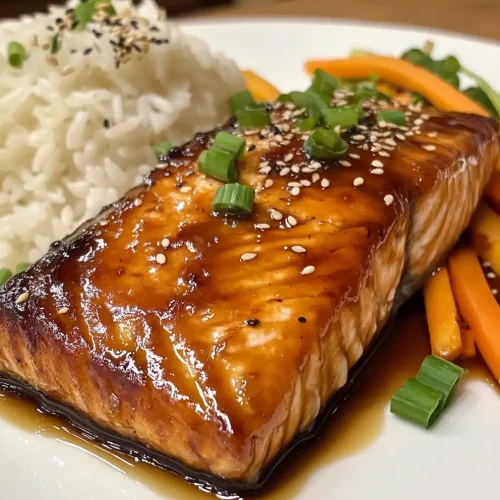 Glazed honey teriyaki salmon served with white rice topped with sesame seeds and green onions, and sautéed carrots.
