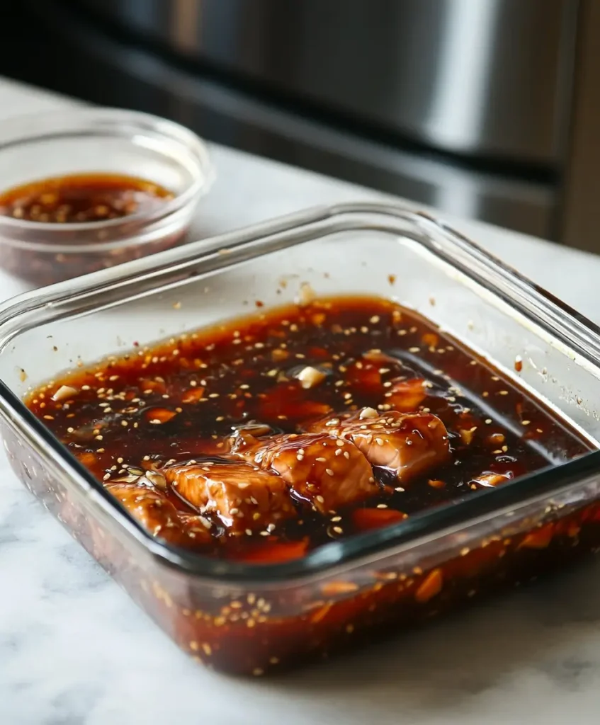 Raw salmon pieces marinating in a homemade teriyaki sauce with garlic, sesame seeds, and soy sauce in a glass container.