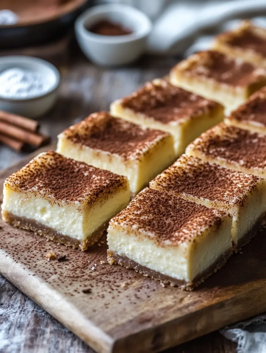 Close-up of snickerdoodle cheesecake bars on a wooden board dusted with cinnamon.