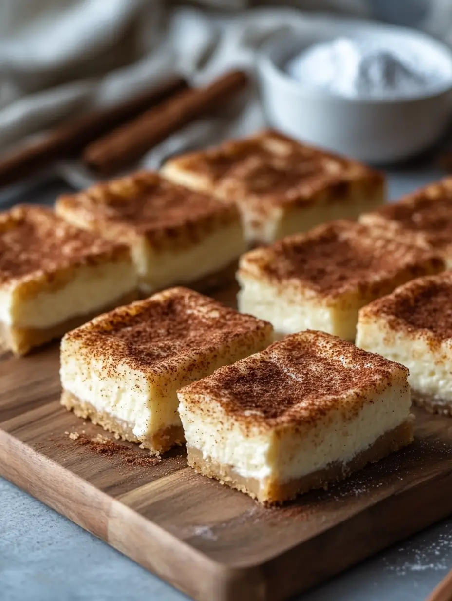 Snickerdoodle cheesecake bars topped with cinnamon sugar on a wooden cutting board.