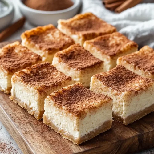 Close-up of snickerdoodle cheesecake bars dusted with cinnamon on a wooden board.