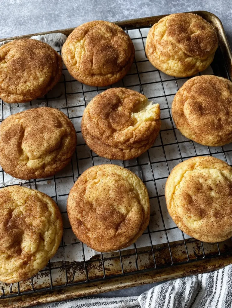 Snickerdoodle cheesecake cookies on a cooling rack, coated in cinnamon sugar with a golden-brown finish.