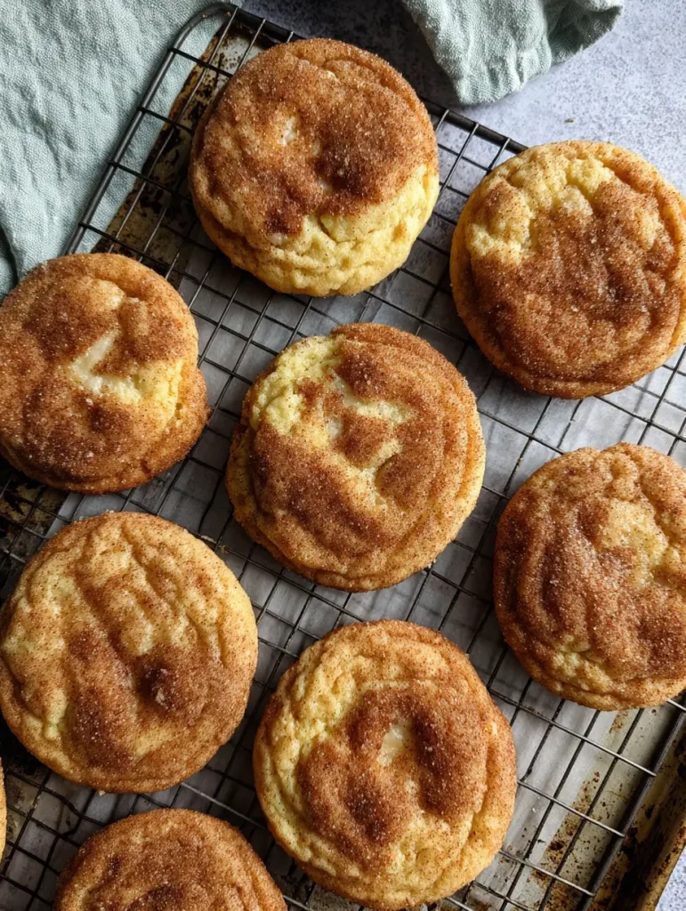 Snickerdoodle cheesecake cookies cooling on a metal rack, with golden brown cinnamon-sugar tops and soft, puffy centers.