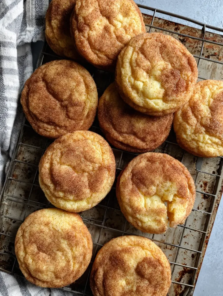 Freshly baked snickerdoodle cheesecake cookies cooling on a wire rack, with a golden cinnamon-sugar crust and soft, crinkled tops.