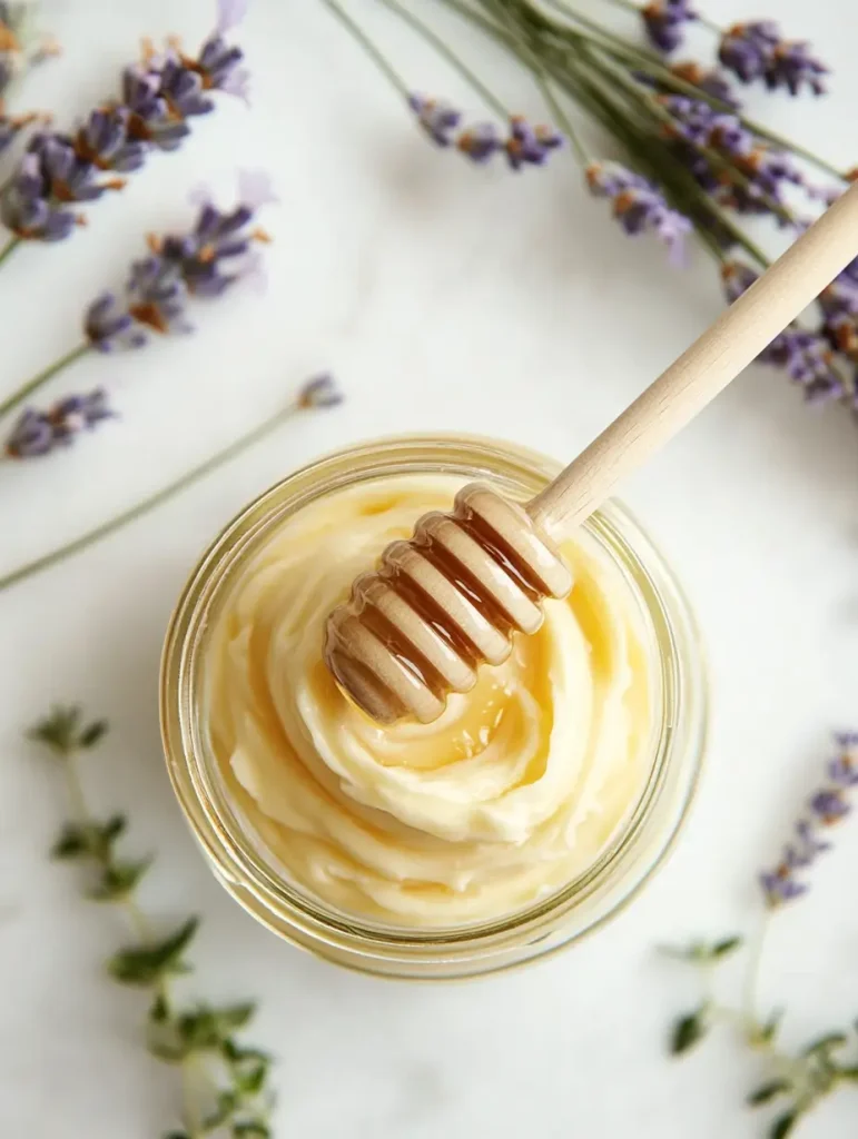 Jar of creamy whipped honey with a honey dipper, surrounded by sprigs of lavender and thyme.