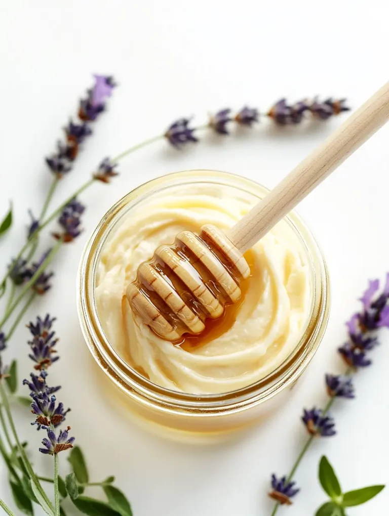 Jar of whipped honey with a honey dipper, surrounded by fresh lavender on a white background.
