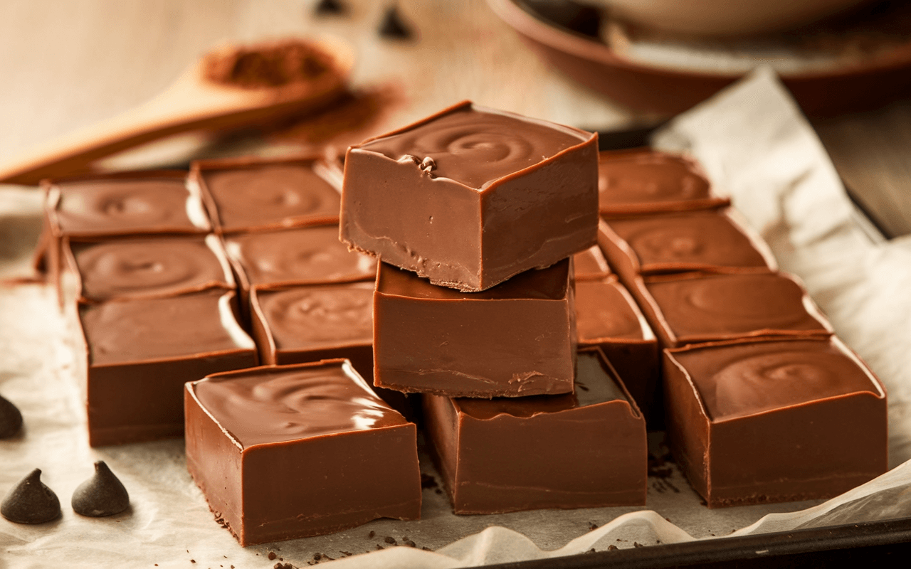 A stack of rich, creamy fudge squares with a glossy chocolate finish on a tray lined with parchment paper.