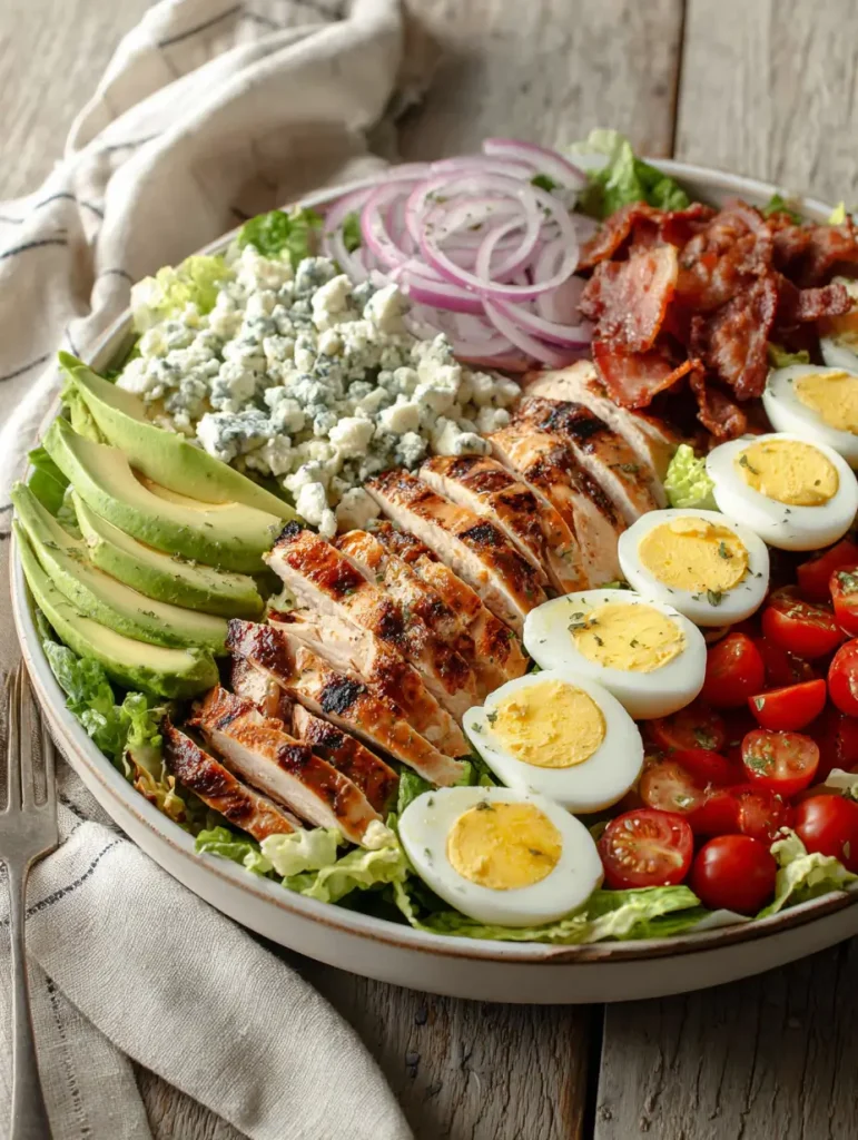 California Cobb Salad featuring sliced grilled chicken, avocado, hard-boiled eggs, cherry tomatoes, blue cheese crumbles, red onion rings, and crispy bacon on a bed of romaine lettuce.