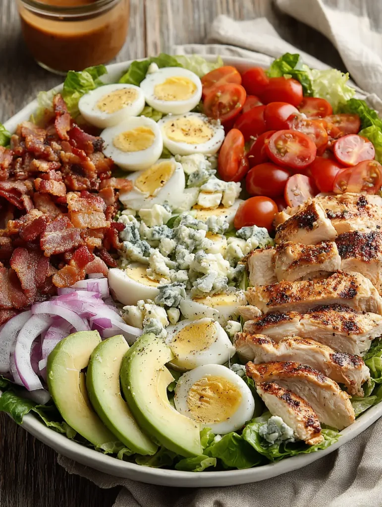 Overhead view of a California Cobb Salad with grilled chicken, avocado slices, hard-boiled eggs, cherry tomatoes, red onions, blue cheese, and crispy bacon arranged in rows on a bed of lettuce.