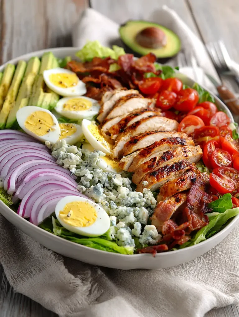 California Cobb Salad in a white bowl with grilled chicken, avocado slices, hard-boiled eggs, cherry tomatoes, red onions, blue cheese crumbles, and crispy bacon, arranged in neat rows.