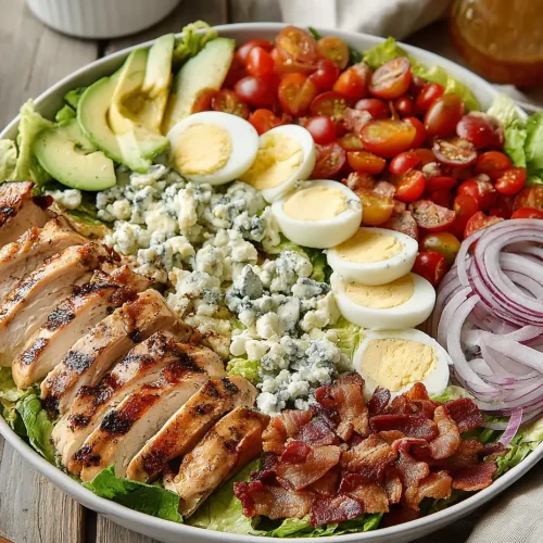 California Cobb Salad in a bowl with grilled chicken, avocado slices, halved cherry tomatoes, hard-boiled eggs, red onion rings, bacon crumbles, and blue cheese over a bed of romaine lettuce.