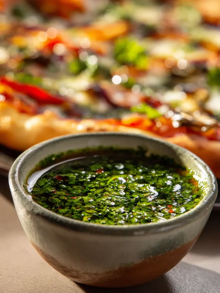 Fresh chimichurri sauce in a ceramic bowl with a blurred pizza topped with herbs and vegetables in the background.