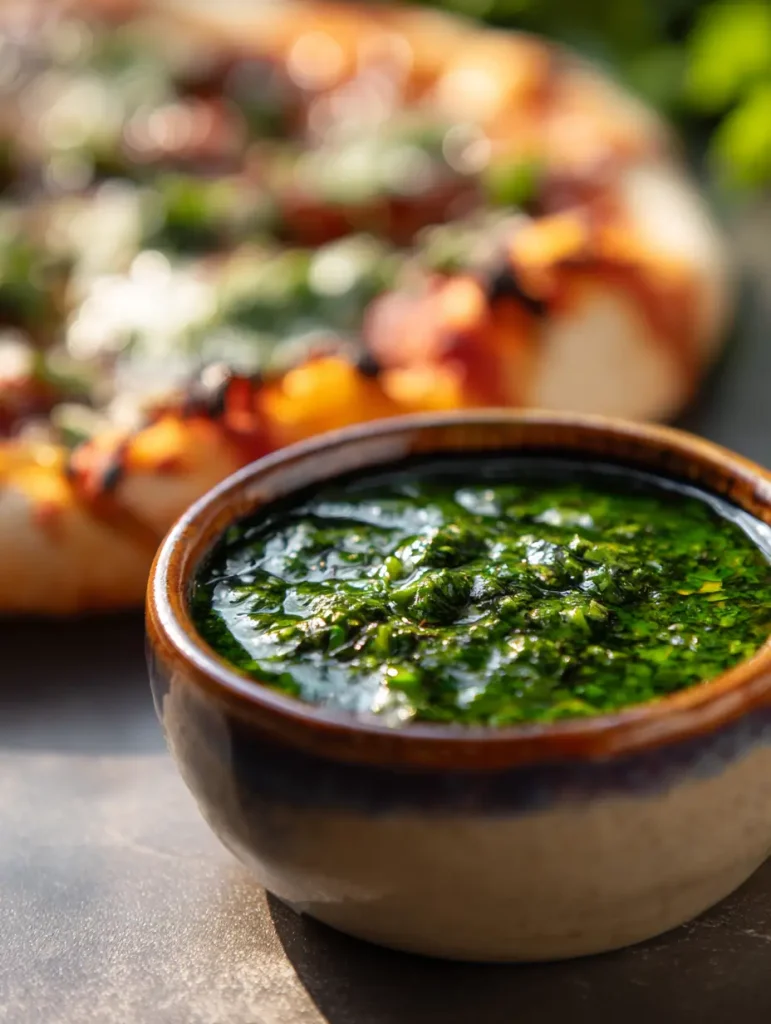 Bowl of vibrant chimichurri sauce in front of a blurred wood-fired pizza topped with herbs and melted cheese.