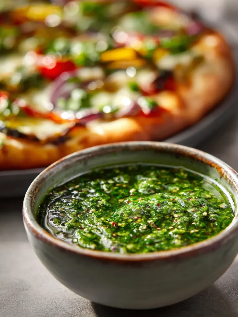 Bowl of vibrant green chimichurri sauce with a vegetable pizza in the background.