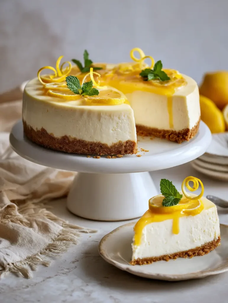 Lemon cheesecake with a graham cracker crust, topped with lemon slices, lemon zest curls, and fresh mint leaves, displayed on a white cake stand with a plated slice.