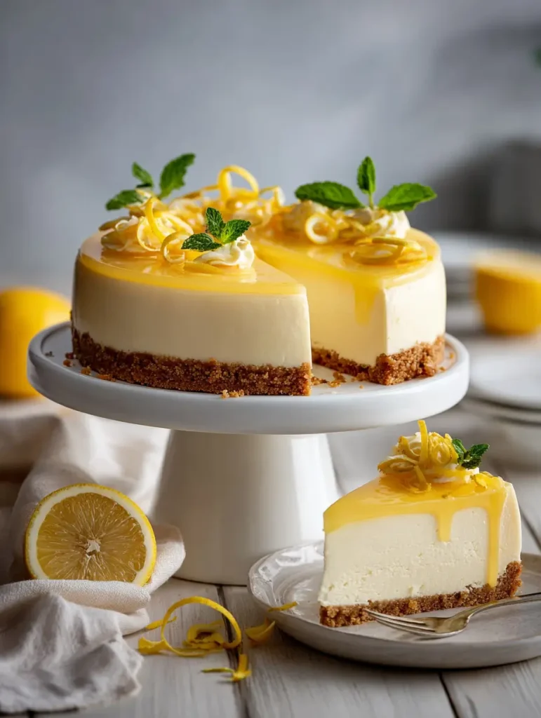 Lemon cheesecake topped with lemon curd, lemon zest curls, whipped cream, and mint leaves, served on a white cake stand with a plated slice nearby.