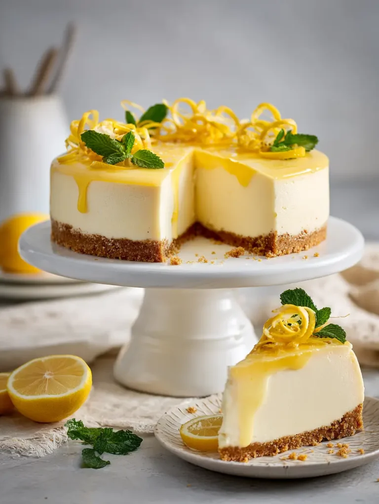 Lemon cheesecake topped with lemon curd, lemon zest curls, and fresh mint leaves, displayed on a white cake stand with a slice served on a small plate.
