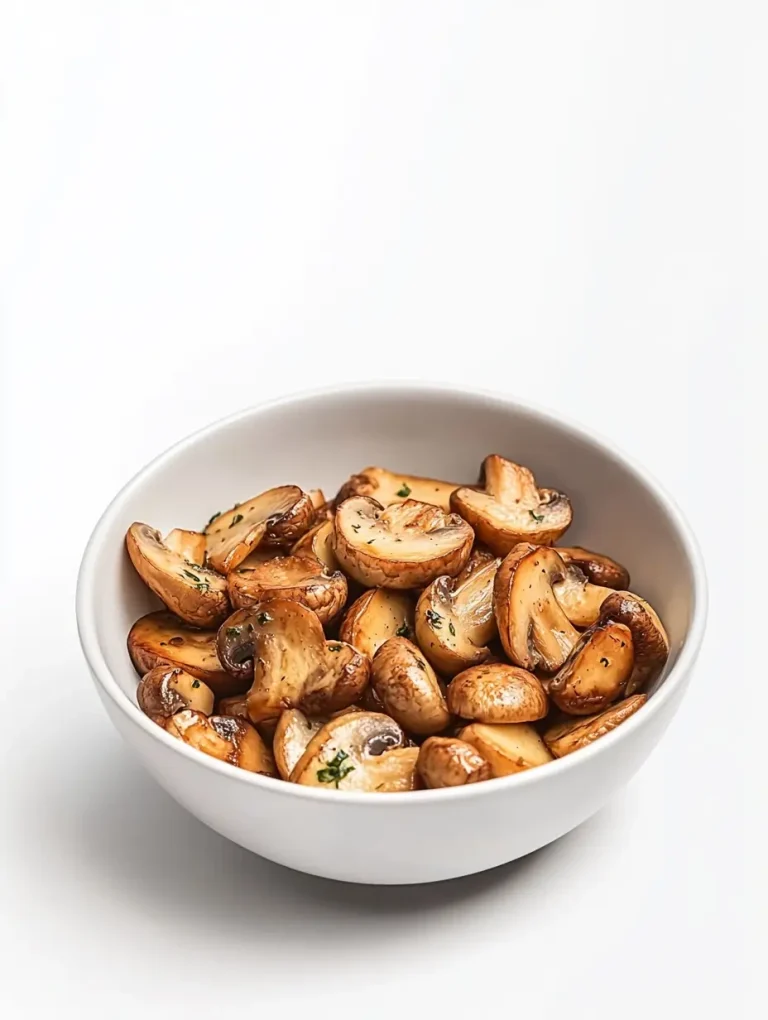 White bowl filled with sautéed mushrooms seasoned with herbs.