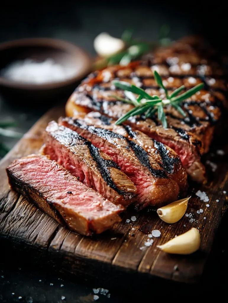 Juicy beef chuck eye steak with deep grill marks, sliced and served on a rustic wooden board with sea salt, garlic cloves, and fresh rosemary garnish.