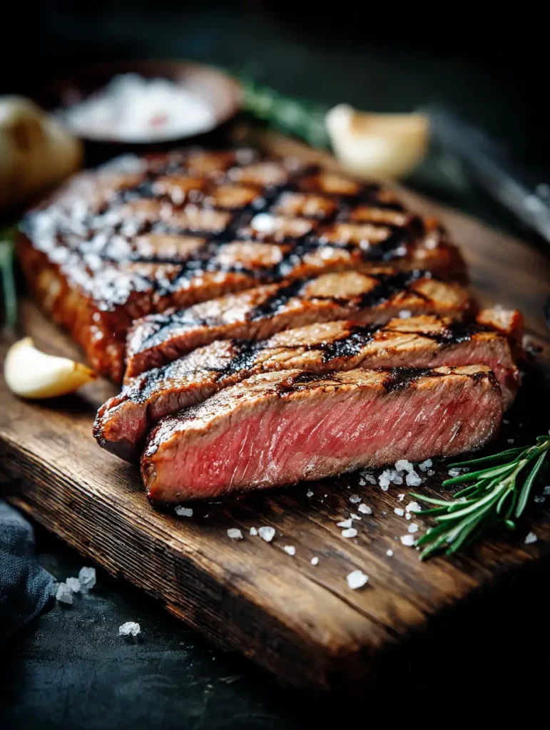 Perfectly grilled beef chuck eye steak with deep grill marks, sliced to reveal a juicy medium-rare center, served on a rustic wooden board with sea salt and fresh rosemary.