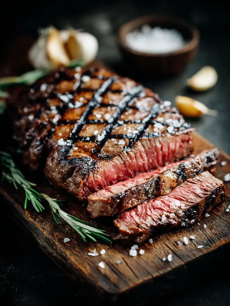 Grilled beef chuck eye steak with crosshatch grill marks, sliced to reveal a juicy medium-rare center, garnished with sea salt and fresh rosemary on a wooden cutting board.