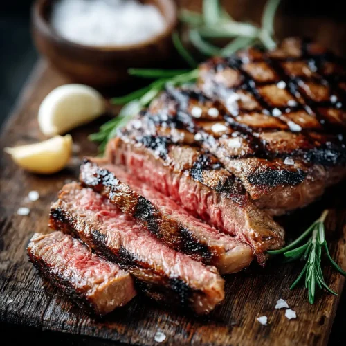 Grilled beef chuck eye steak sliced to reveal a juicy medium-rare interior, served on a wooden cutting board with coarse sea salt and fresh rosemary.