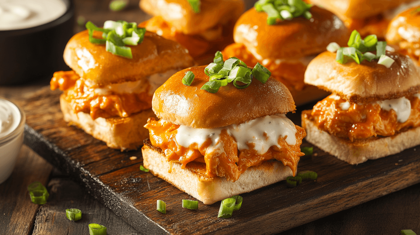 Buffalo chicken sliders topped with ranch dressing and fresh green onions, served on soft, golden buns on a wooden board.