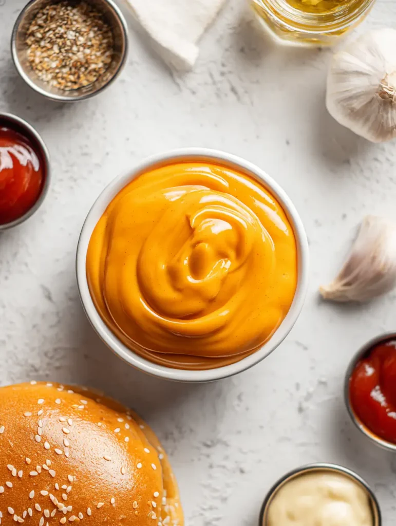 Overhead view of a small white bowl filled with creamy orange burger sauce, surrounded by sesame seeds, ketchup, mayonnaise, garlic cloves, and a sesame seed burger bun.