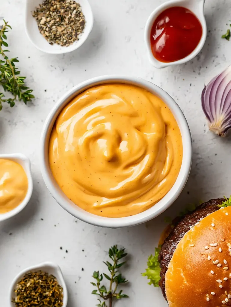 Top view of a bowl of creamy orange burger sauce with visible seasoning specks, surrounded by herbs, spices, ketchup, and a partially visible burger on a white background.