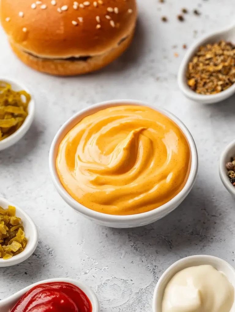Small white bowl filled with creamy orange burger sauce surrounded by pickles, ketchup, mayonnaise, spices, and a sesame seed burger bun.