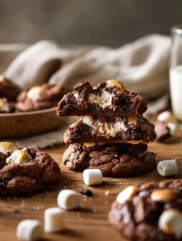 Stack of chocolate marshmallow cookies with gooey melted centers and toasted marshmallows, surrounded by mini marshmallows on a wooden surface.