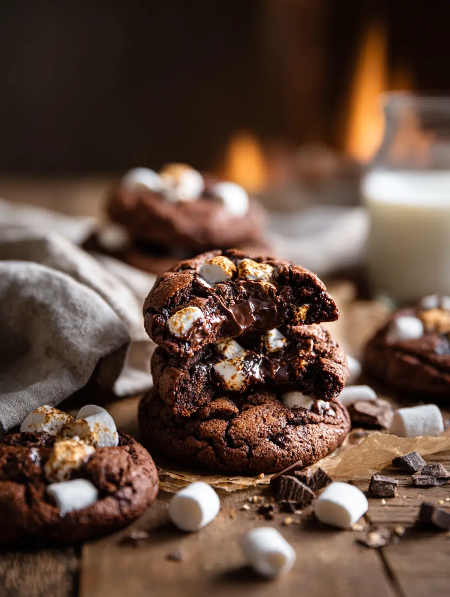 Stack of chocolate marshmallow cookies with melted chocolate and toasted marshmallows, surrounded by scattered mini marshmallows and chocolate chunks.