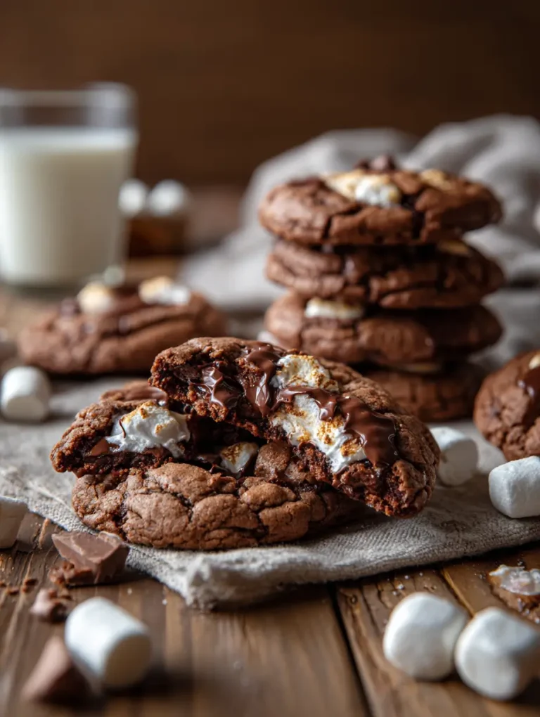 Chocolate marshmallow cookies with melted chocolate and gooey marshmallow centers, stacked on a rustic cloth with mini marshmallows and chocolate pieces around.